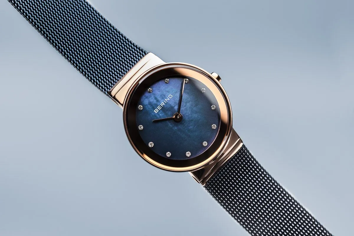 BERING 10126-367 Women's Watch Slim IP Rose Gold Case Blue Mother of Pearl Dial Blue Mesh Band