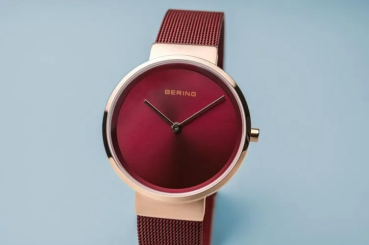 BERING Classic 31mm Polished Rose Gold Milanese Strap Red Women's Watch 14531-363