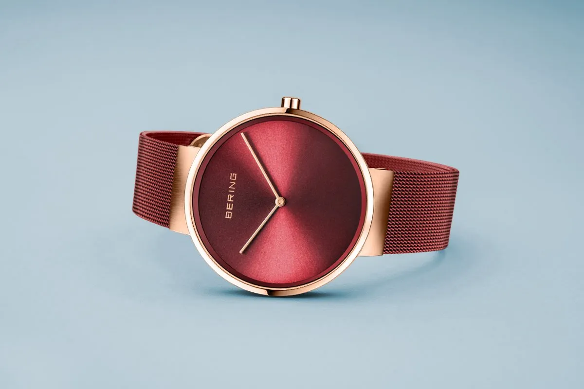 BERING Classic 39mm Polished Rose Gold Milanese Strap Red Men's Watch 14539-363
