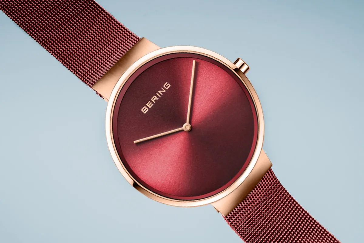 BERING Classic 39mm Polished Rose Gold Milanese Strap Red Men's Watch 14539-363