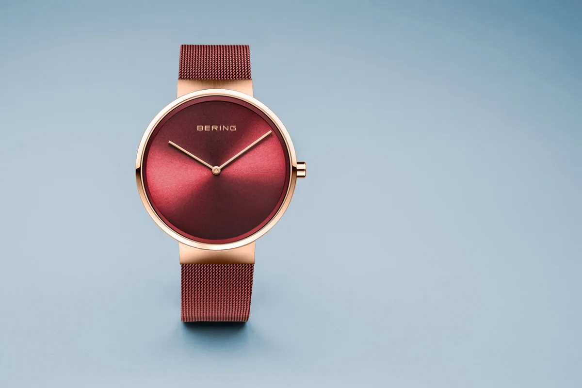 BERING Classic 39mm Polished Rose Gold Milanese Strap Red Men's Watch 14539-363