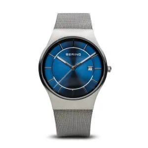 BERING Classic Blue Dial Brushed Silver Mesh Band Men's Watch 11938-003