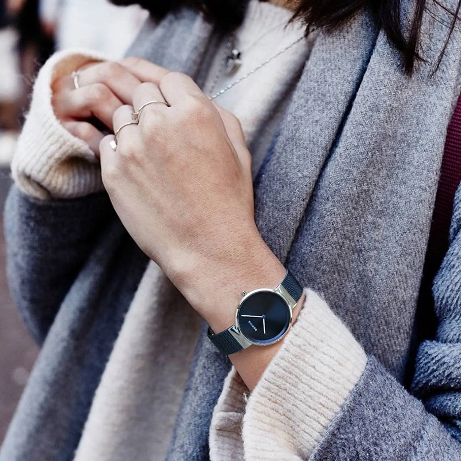 BERING Classic Polished Silver Blue Stainless Steel Mesh Band Women's Watch 14531-307
