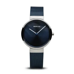 BERING Classic Polished Silver Blue Stainless Steel Mesh Band Women's Watch 14531-307