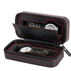 Black Zippered Watches Box Travel Case Watch Storage Organizer Collection Portable Display Container Top Grade Carbon Fibre PU Leather - 2 Slots