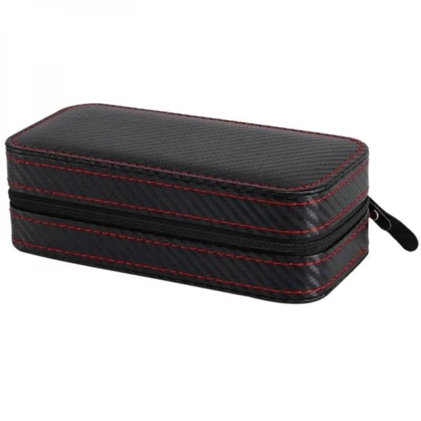 Black Zippered Watches Box Travel Case Watch Storage Organizer Collection Portable Display Container Top Grade Carbon Fibre PU Leather - 2 Slots