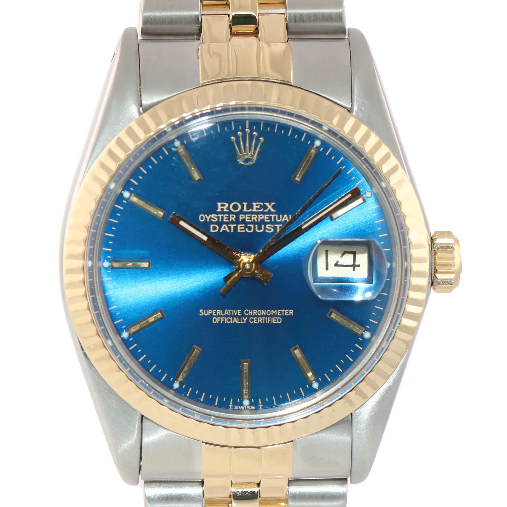 Blue Rolex DateJust 16013 two tone 18k Yellow Gold Steel Fluted Jubilee Watch