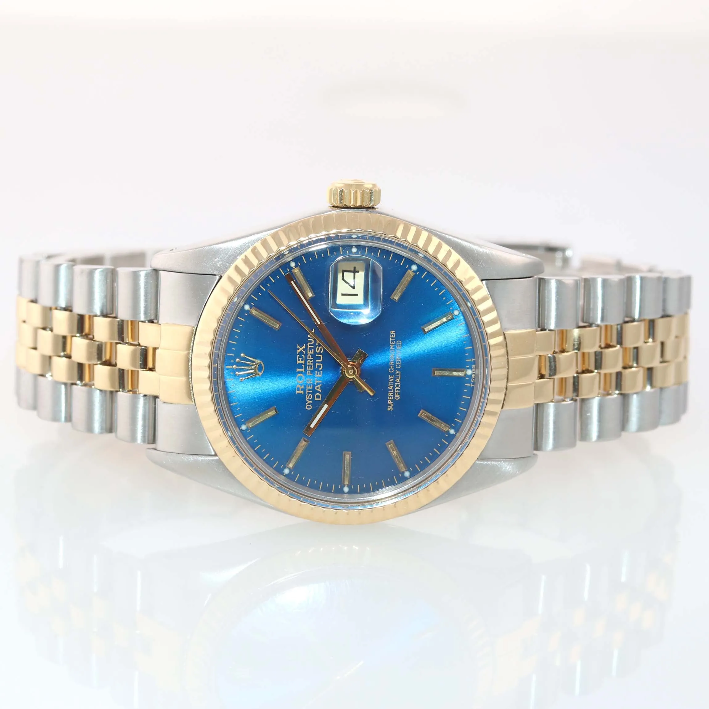 Blue Rolex DateJust 16013 two tone 18k Yellow Gold Steel Fluted Jubilee Watch