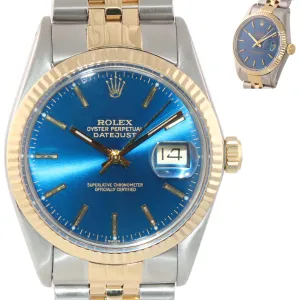 Blue Rolex DateJust 16013 two tone 18k Yellow Gold Steel Fluted Jubilee Watch
