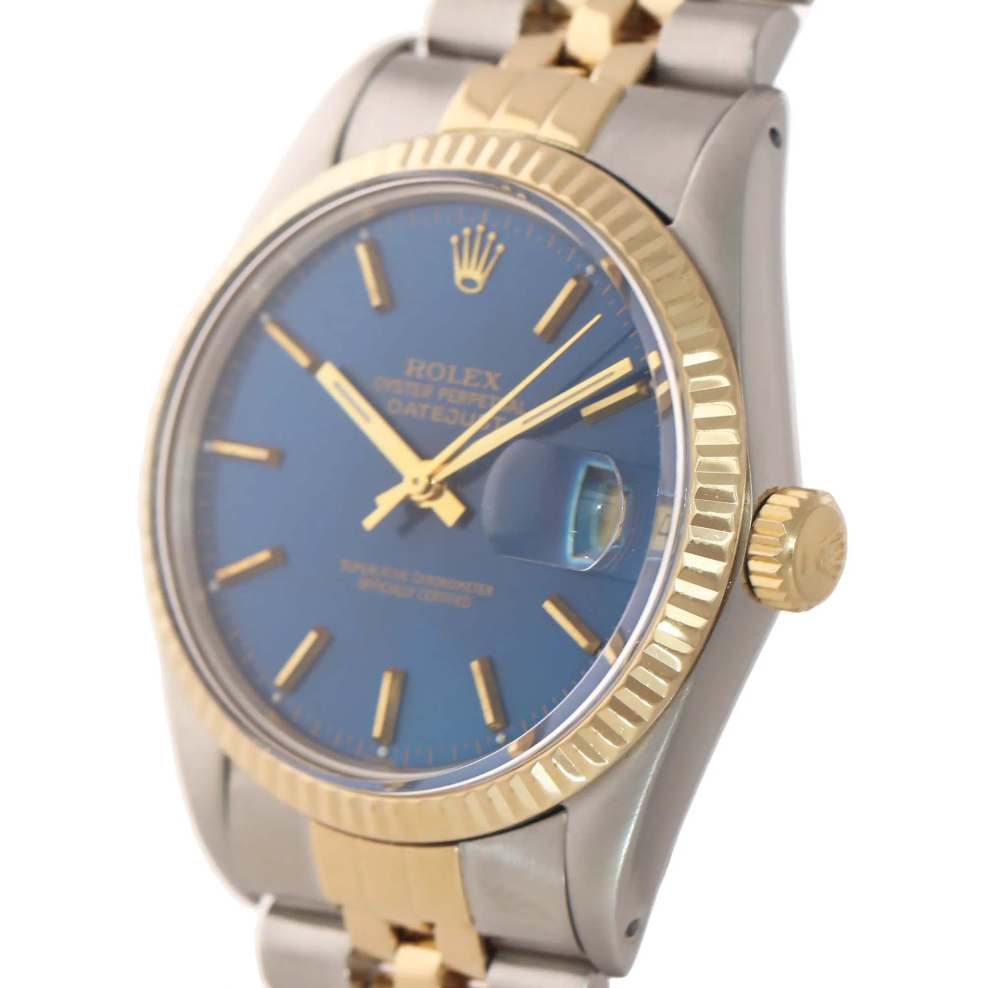 Blue Rolex DateJust 16013 two tone 18k Yellow Gold Steel Fluted Jubilee Watch