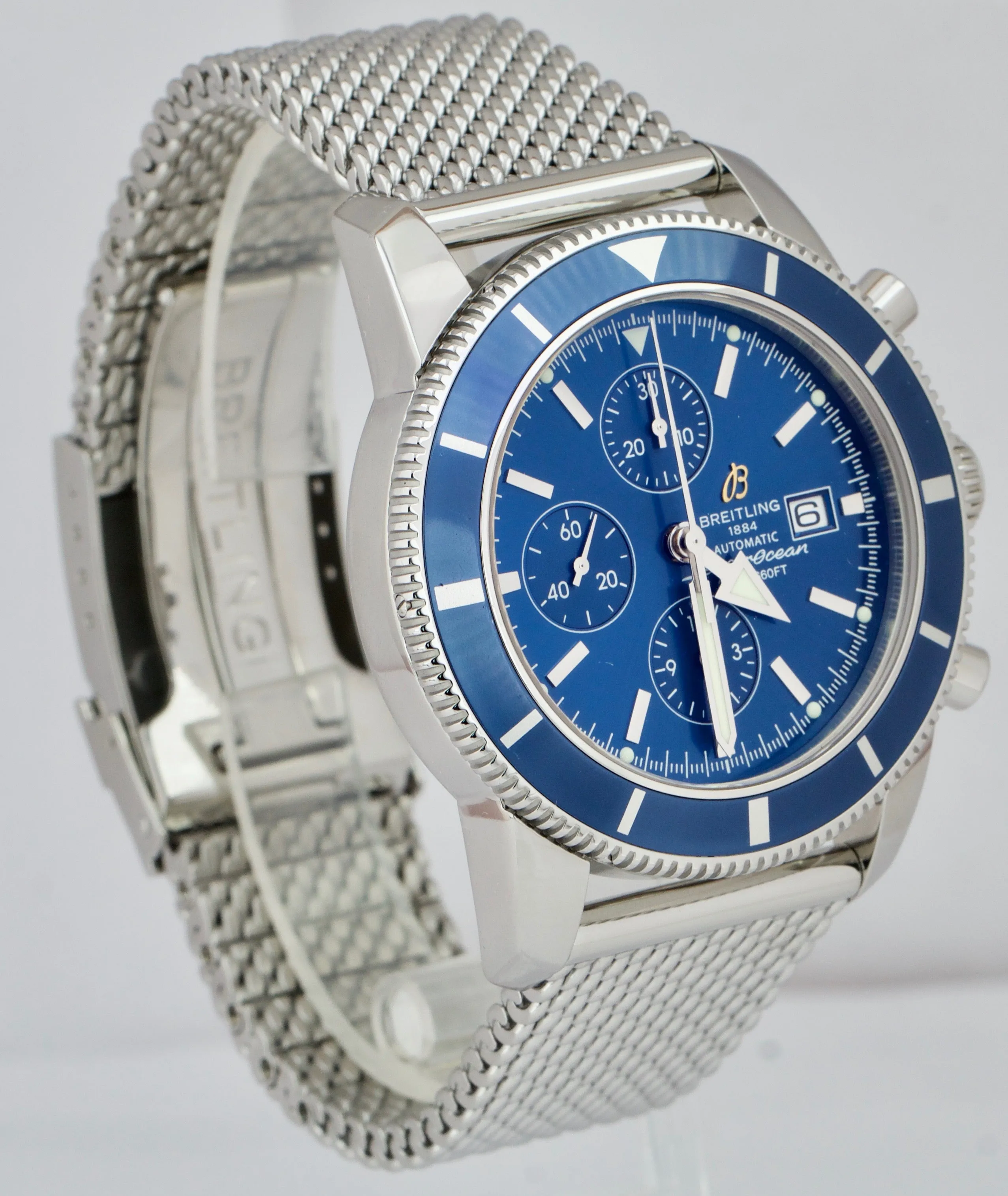 Breitling SuperOcean Heritage Blue Chronograph A13320 46mm Mesh Stainless Watch