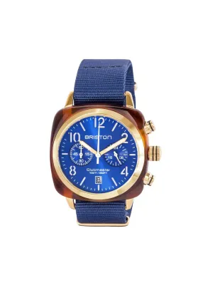 Briston Clubmaster Classic Acetate Chronograph Tortoise Shell Gold Blue Sunray Dial 40mm