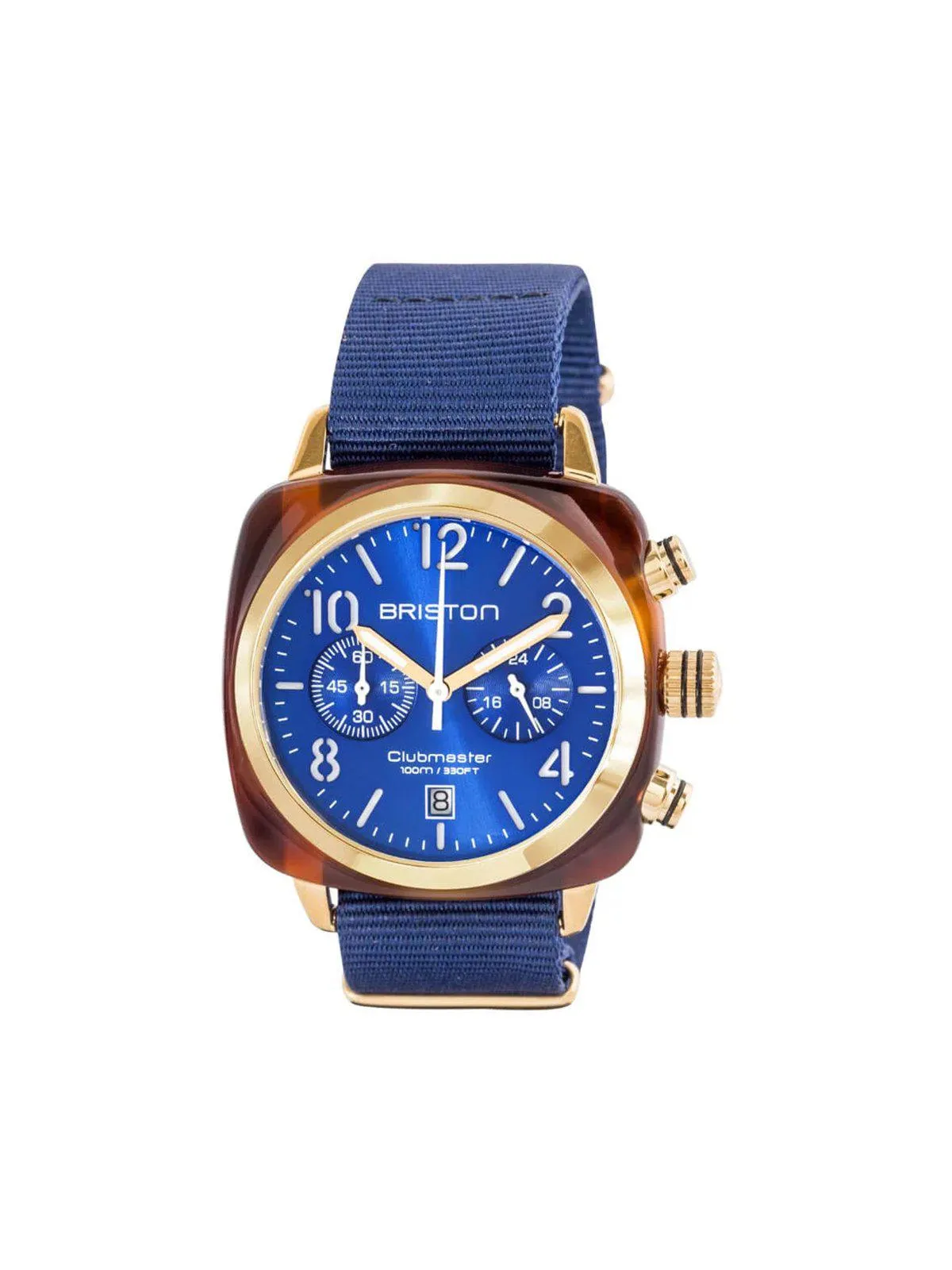 Briston Clubmaster Classic Acetate Chronograph Tortoise Shell Gold Blue Sunray Dial 40mm
