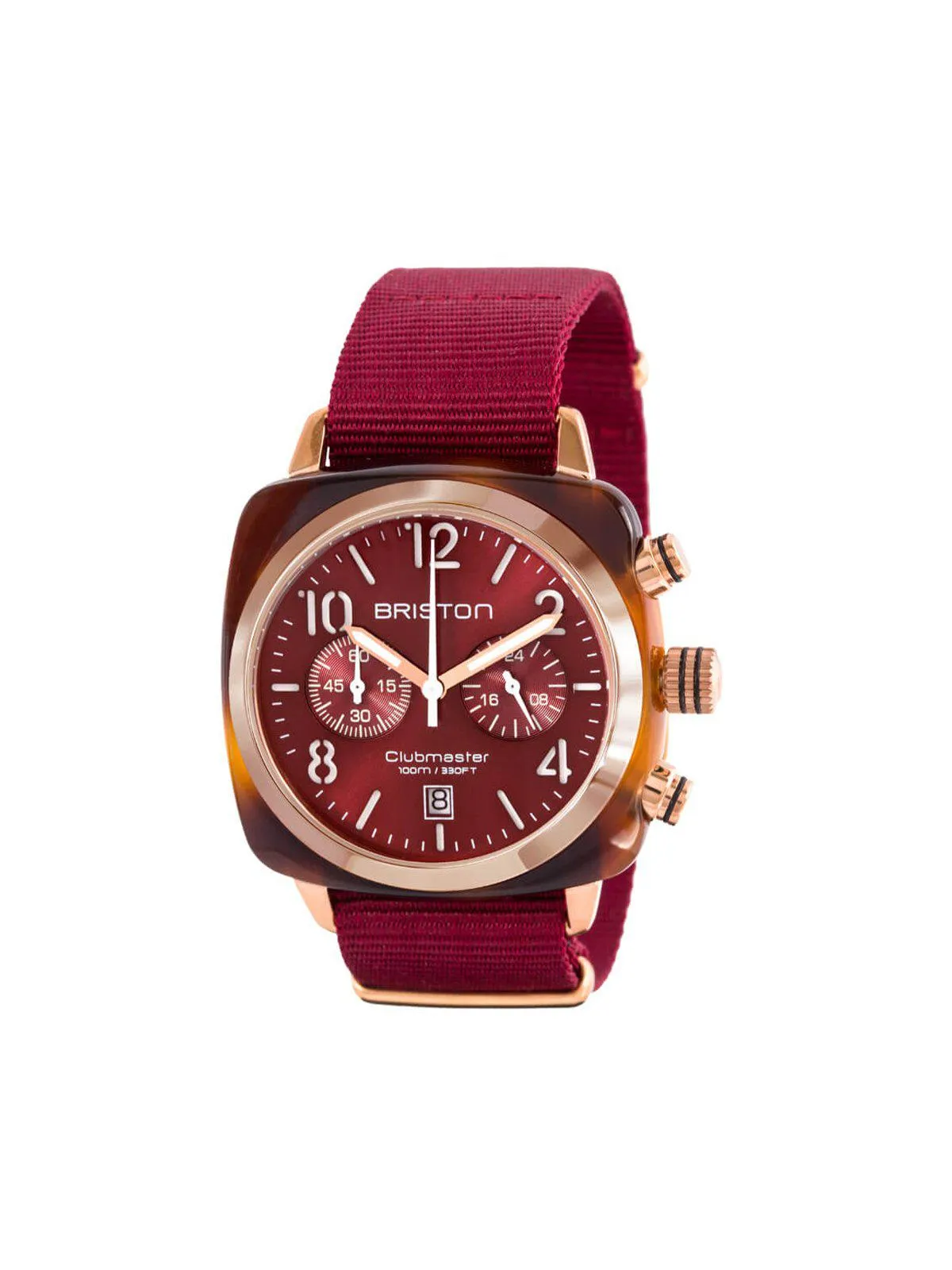 Briston Clubmaster Classic Acetate Chronograph Tortoise Shell Gold Red Sunray Dial 40mm