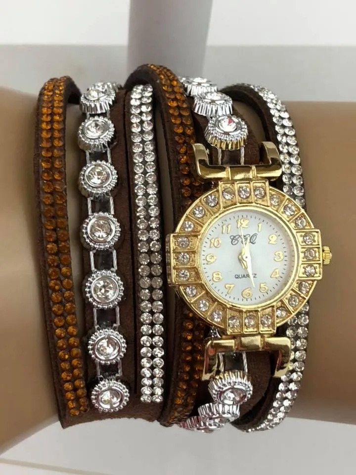 Brown Double Wrap Bracelet White Crystals Watch