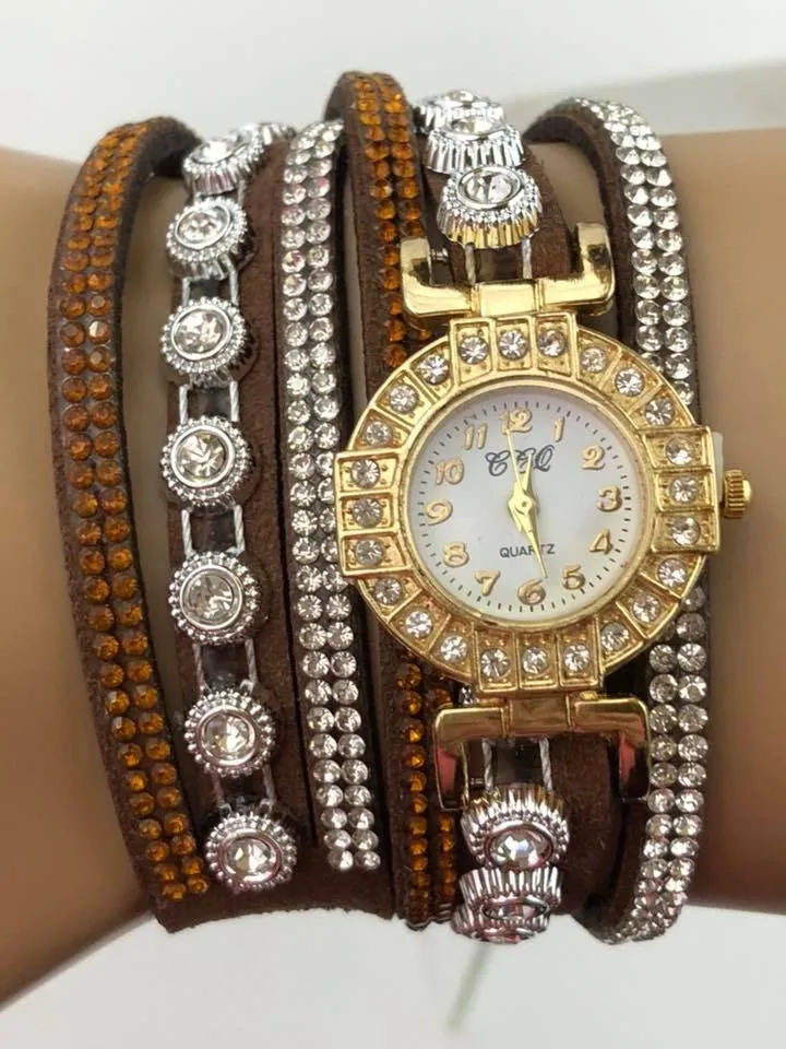 Brown Double Wrap Bracelet White Crystals Watch