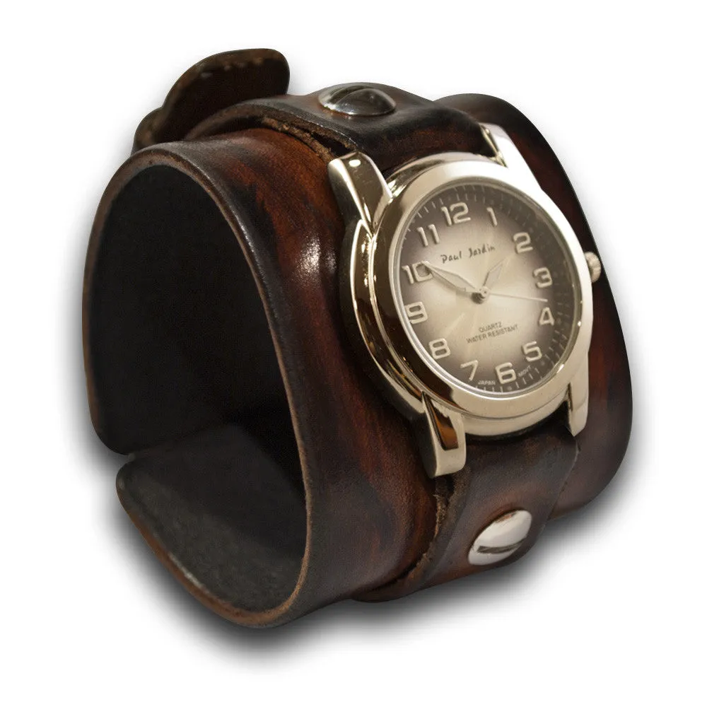 Brown Stressed Leather Cuff Watch with Black & Silver Face