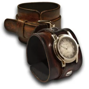Brown Stressed Leather Cuff Watch with Black & Silver Face