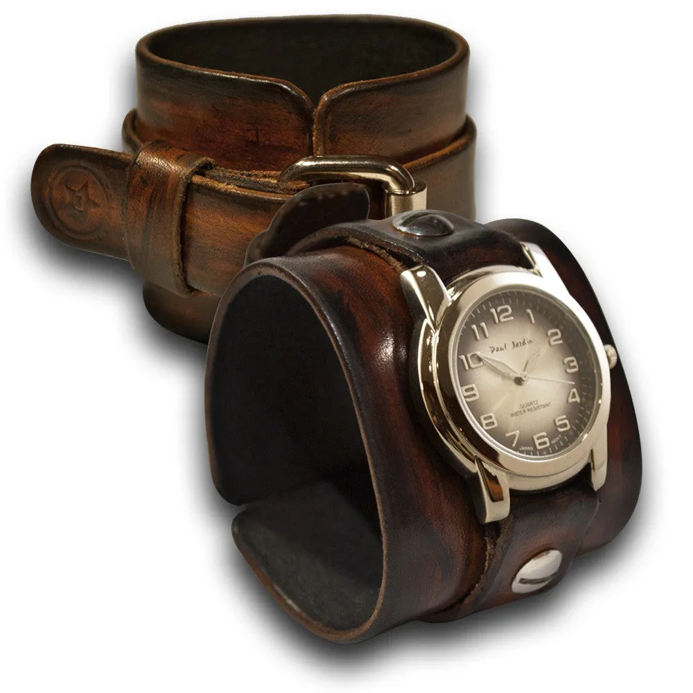 Brown Stressed Leather Cuff Watch with Black & Silver Face