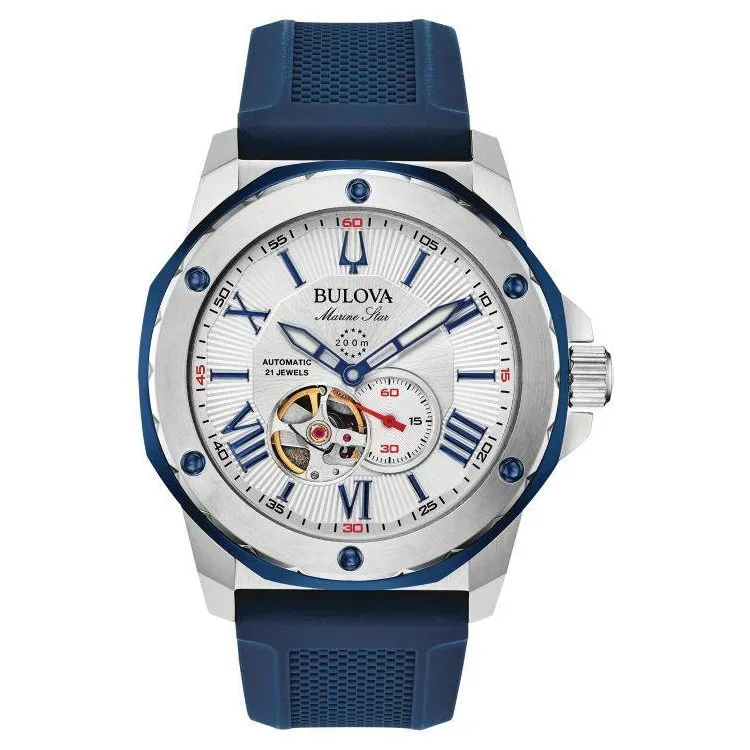 Bulova Marine Star Mens Automatic Stainless Steel Blue Silicon Strap Watch