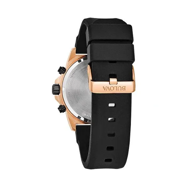 Bulova Marine Star Mens Chronograph Rose Tone Black Dial Black Rubber Strap Watch