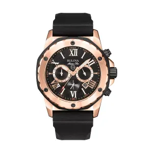 Bulova Marine Star Mens Chronograph Rose Tone Black Dial Black Rubber Strap Watch