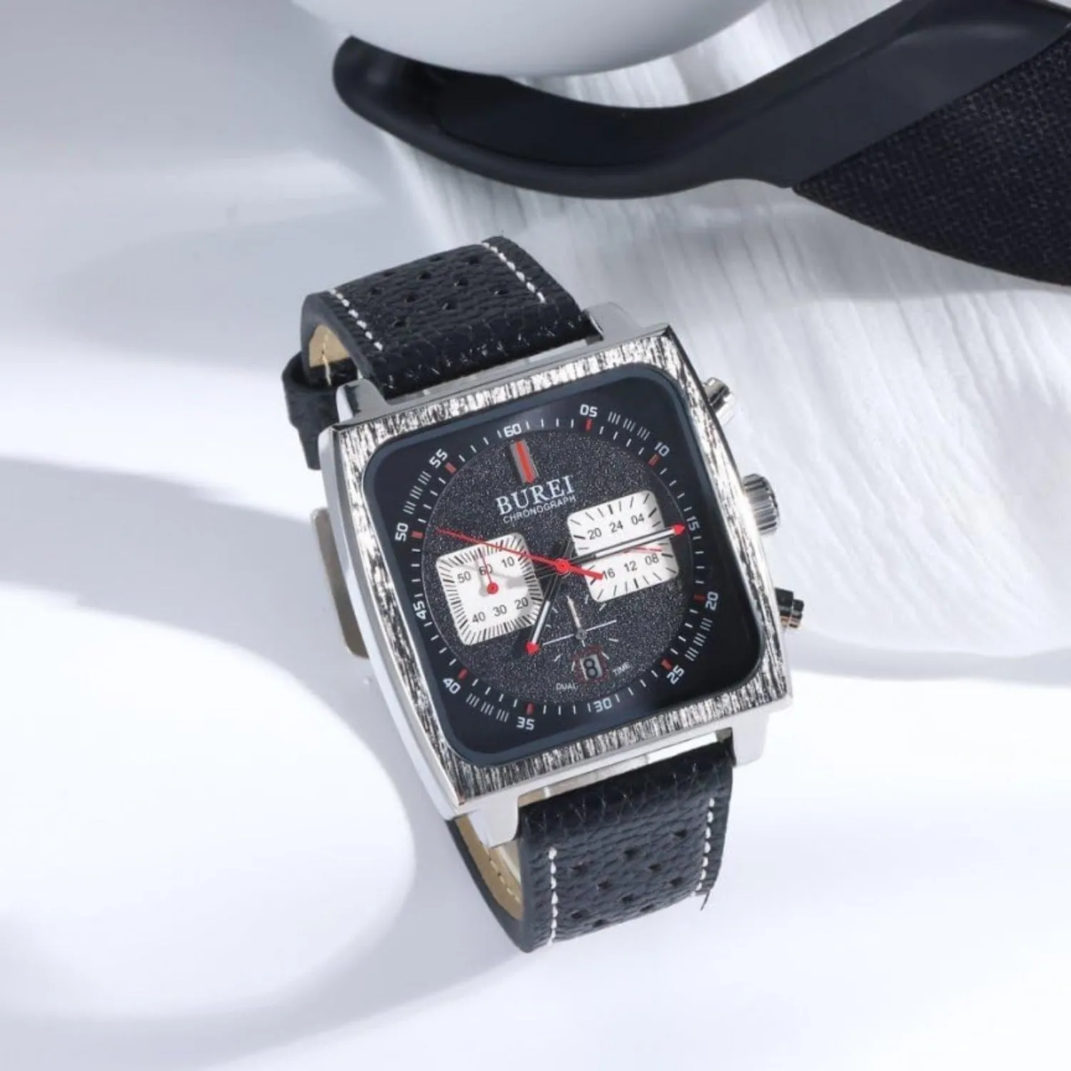 BUREI Men Fashion Wrist Chronograph Watches Analog Waterproof Leather Watches for Men
