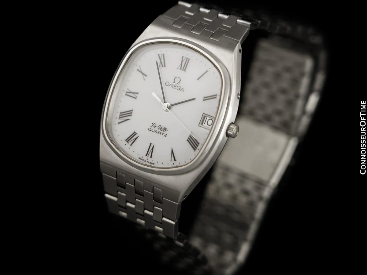 c. 1980 Omega De Ville Classic Retro Mens Accuset Watch Buckley Dial, Quick-Setting Hour - Stainless Steel