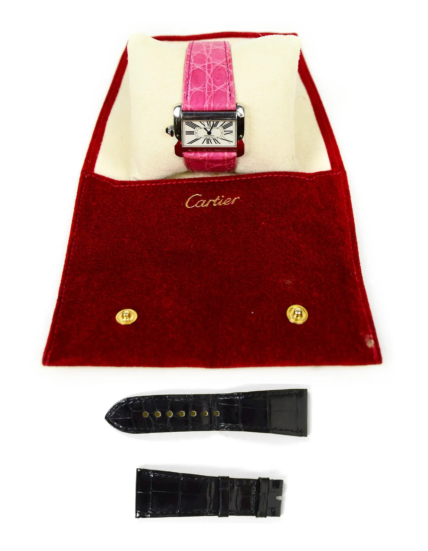 Cartier Stainless Tank Divan Watch w/ Pink & Black Crocodile Straps