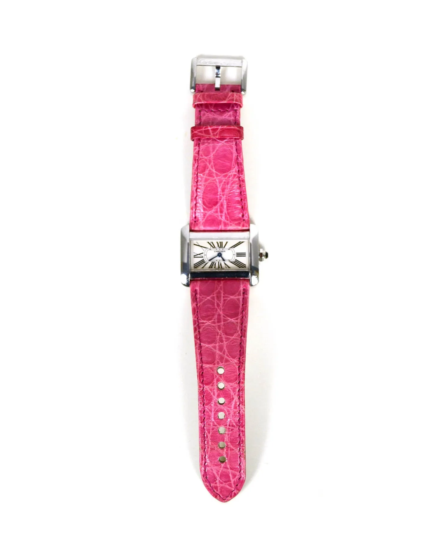 Cartier Stainless Tank Divan Watch w/ Pink & Black Crocodile Straps