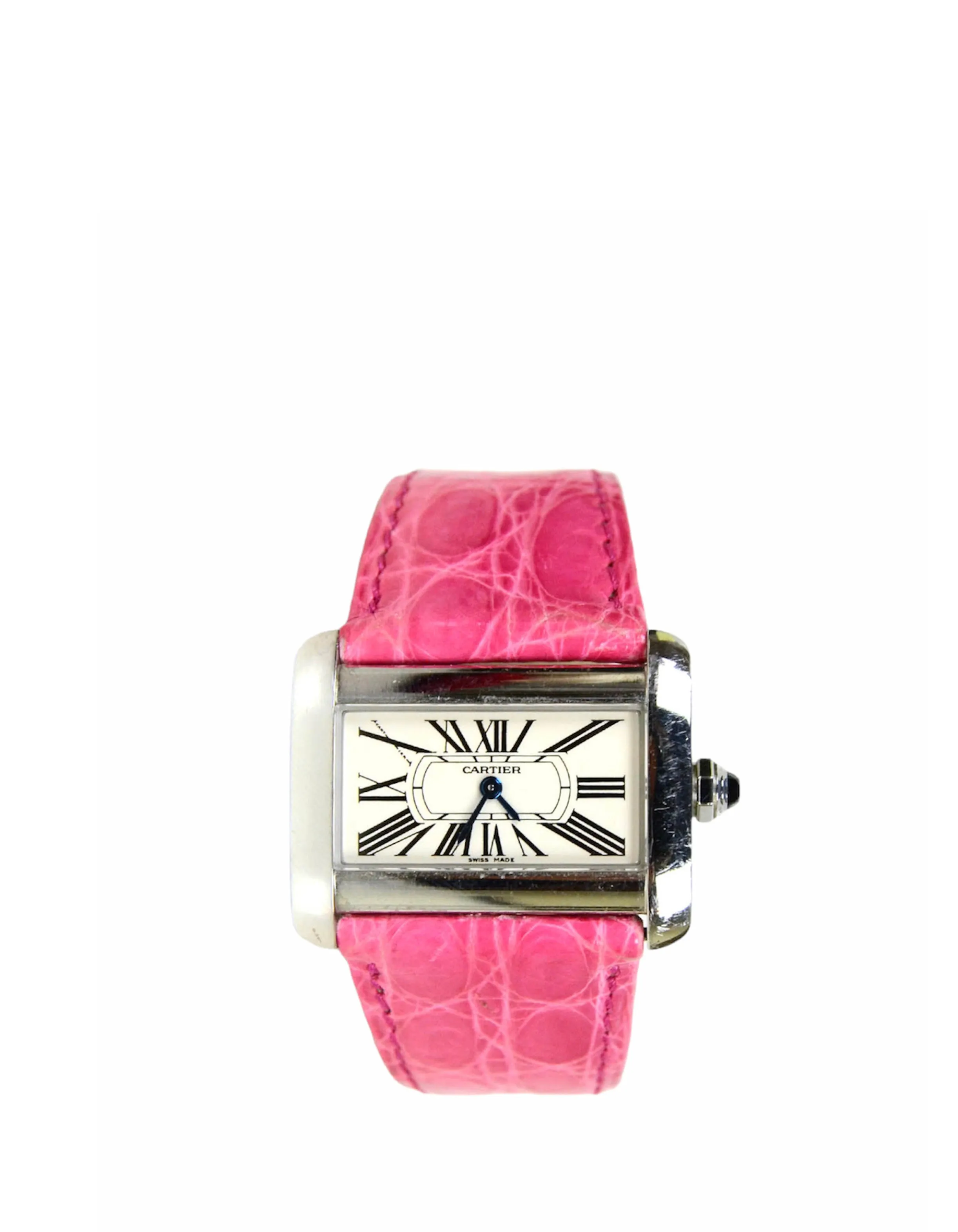 Cartier Stainless Tank Divan Watch w/ Pink & Black Crocodile Straps