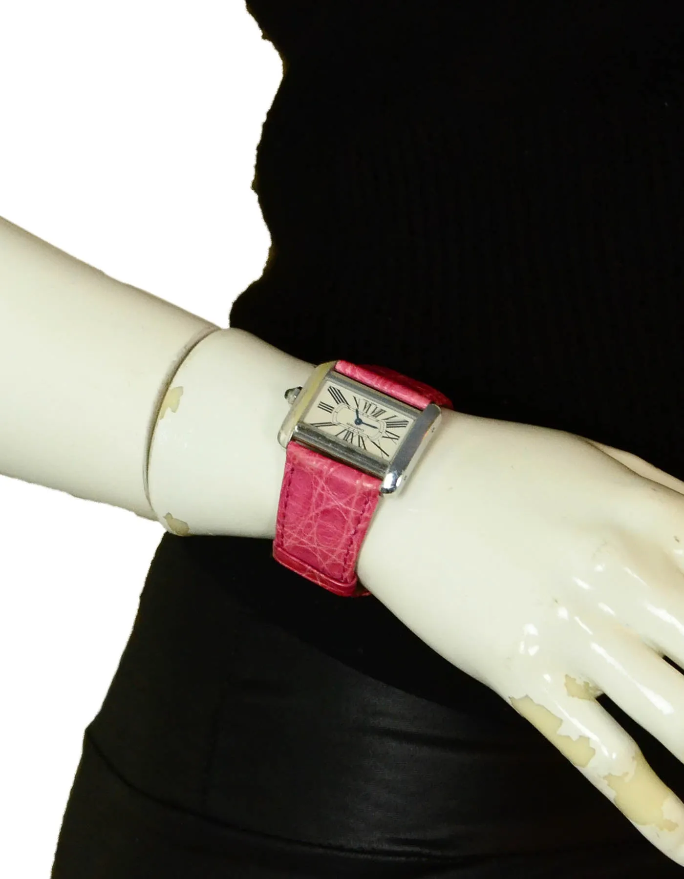 Cartier Stainless Tank Divan Watch w/ Pink & Black Crocodile Straps
