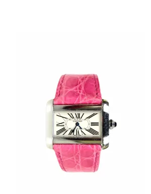 Cartier Stainless Tank Divan Watch w/ Pink & Black Crocodile Straps