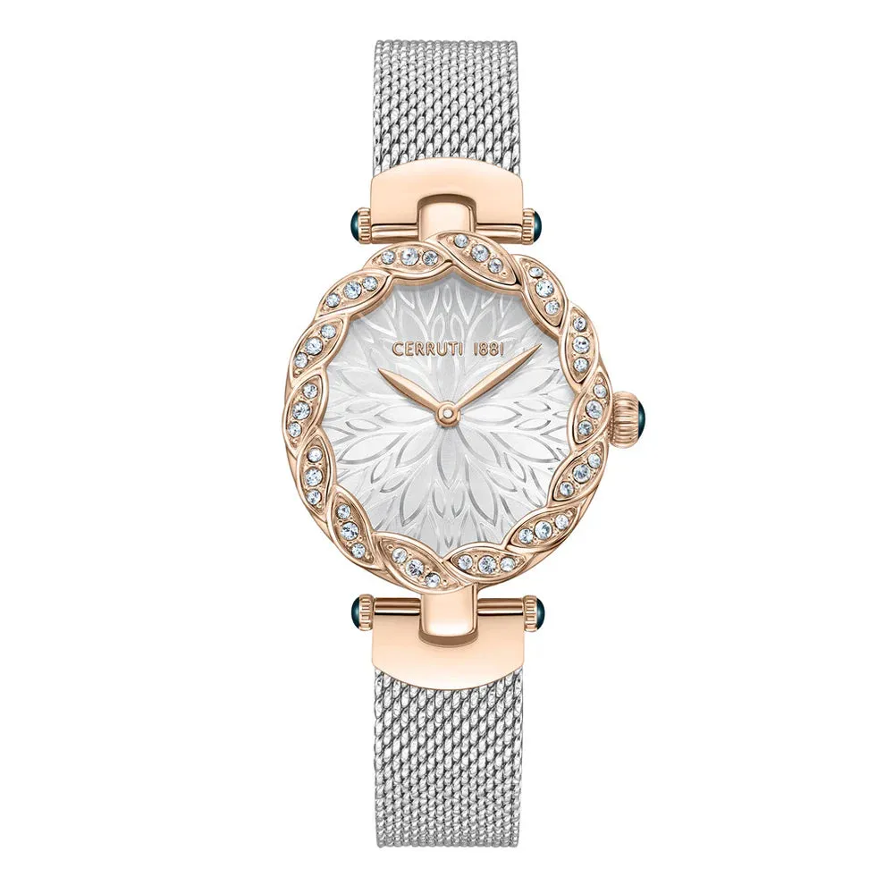 Cerruti 1881 Nemi Ladies White Dial Rose Gold Case Silver Mesh Strap Watch