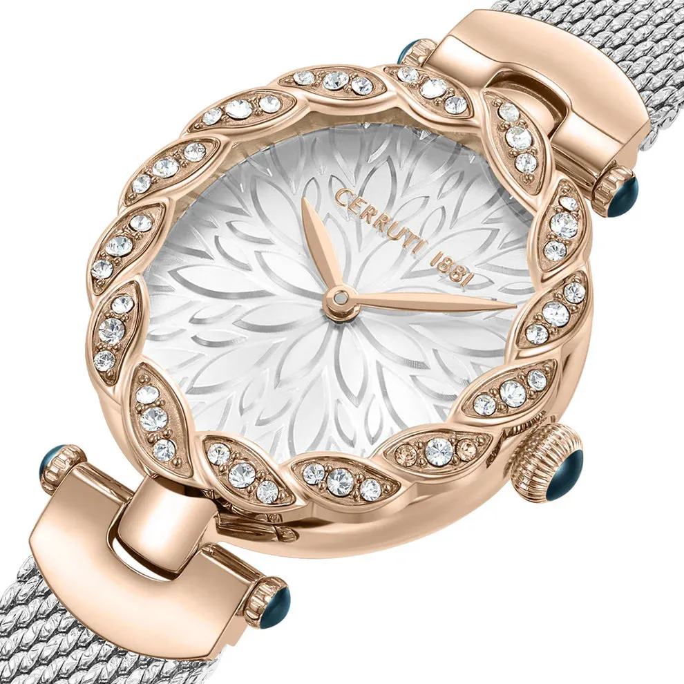Cerruti 1881 Nemi Ladies White Dial Rose Gold Case Silver Mesh Strap Watch