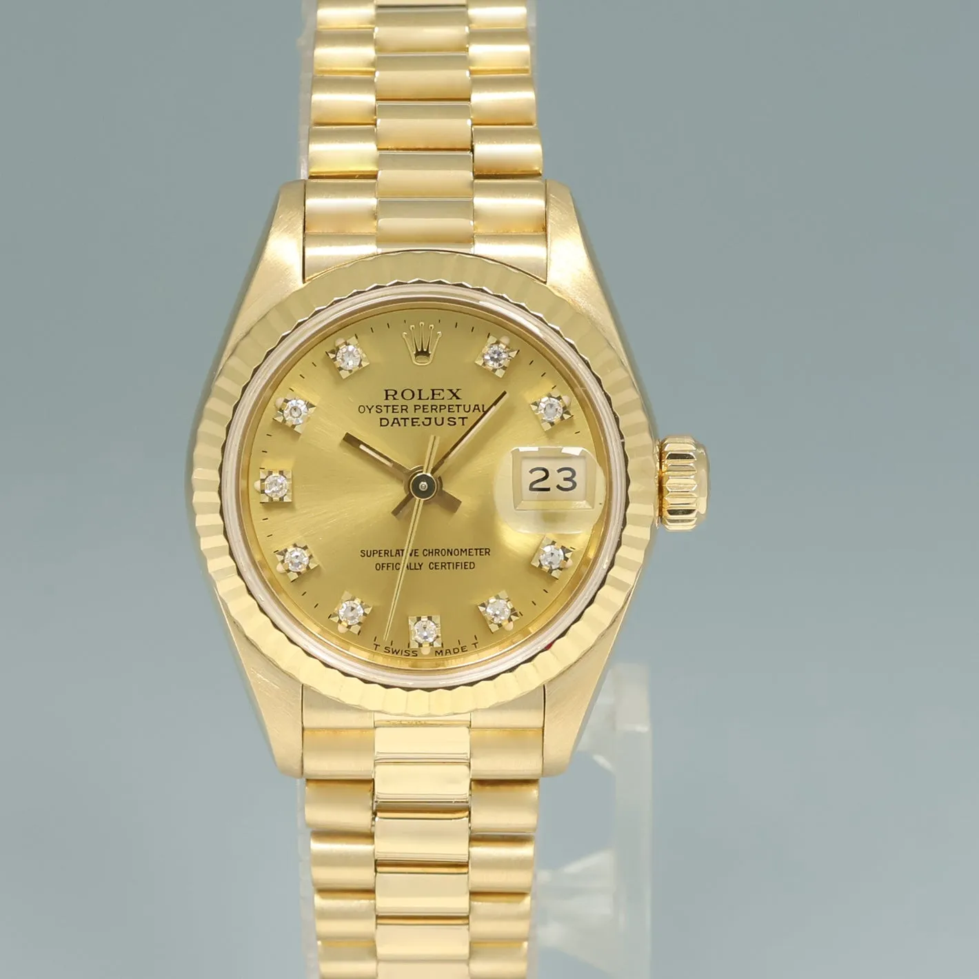 Champagne Diamond Ladies Rolex DateJust President 26mm 69178 Yellow Gold Watch