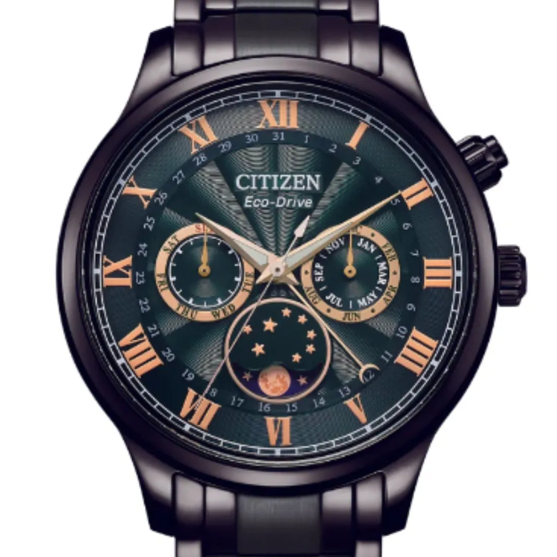 Citizen AP1055-87X Eco-Drive Green Dial Moon Phase Black Band Watch