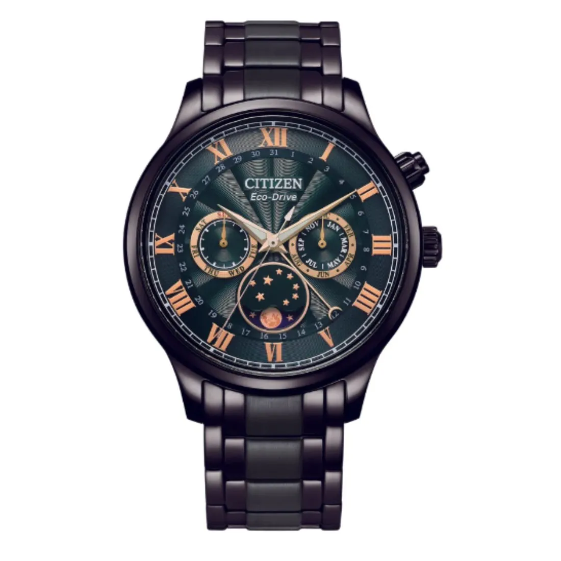 Citizen AP1055-87X Eco-Drive Green Dial Moon Phase Black Band Watch