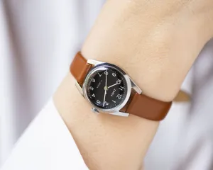 Classic women watch black dial Dawn, minimalist women watch gift jewelry, vintage watch for lady Arabic numerals, new genuine leather strap