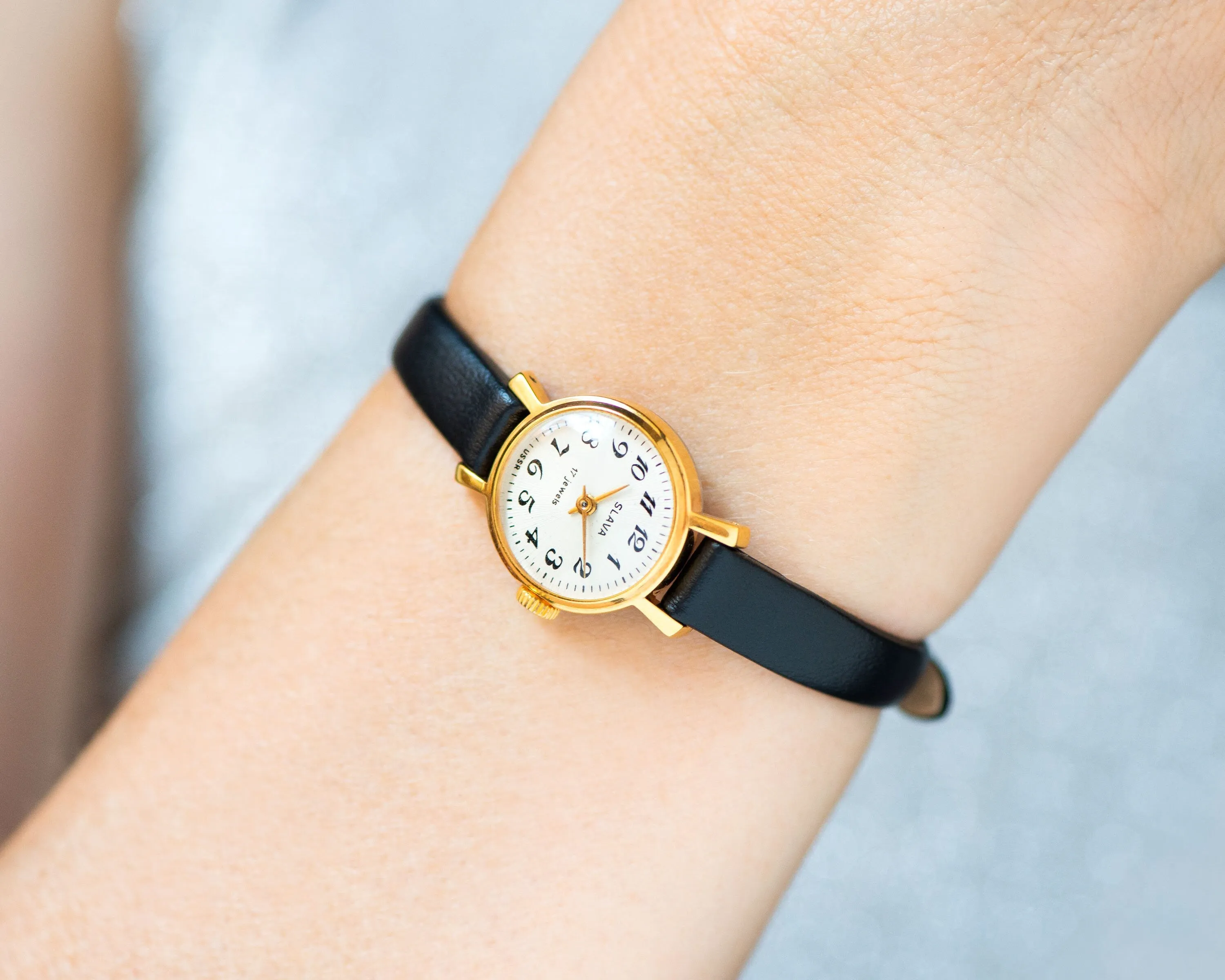 Classic women watch gold plated Glory unused, vintage lady watch Arabic numerals dial, delicate lady watch jewelry, new luxury leather strap