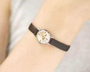 Classic women wristwatch silver shade Seagull vintage, micro lady watch delicate timepiece, petite jewelry her, new premium leather strap