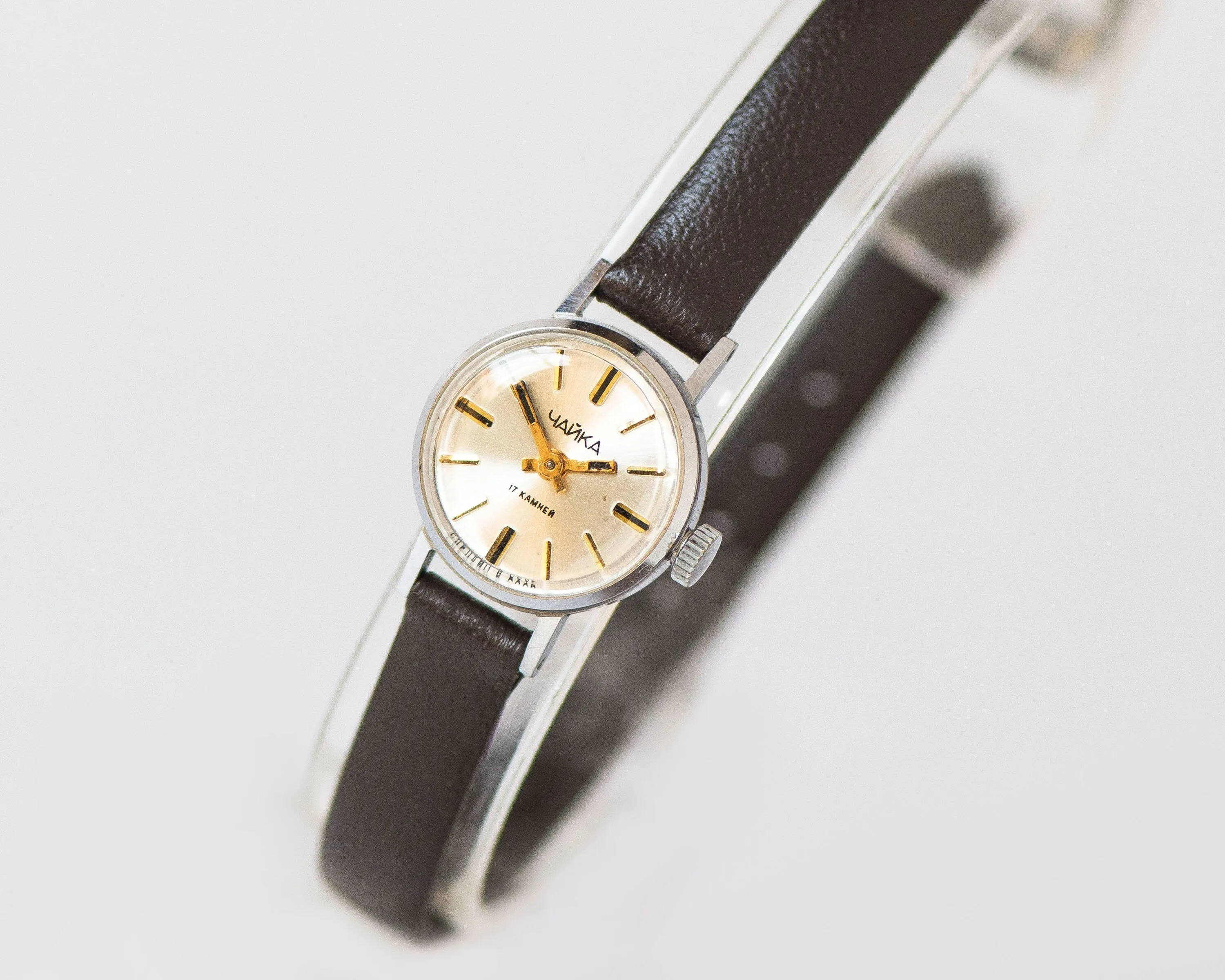 Classic women wristwatch silver shade Seagull vintage, micro lady watch delicate timepiece, petite jewelry her, new premium leather strap