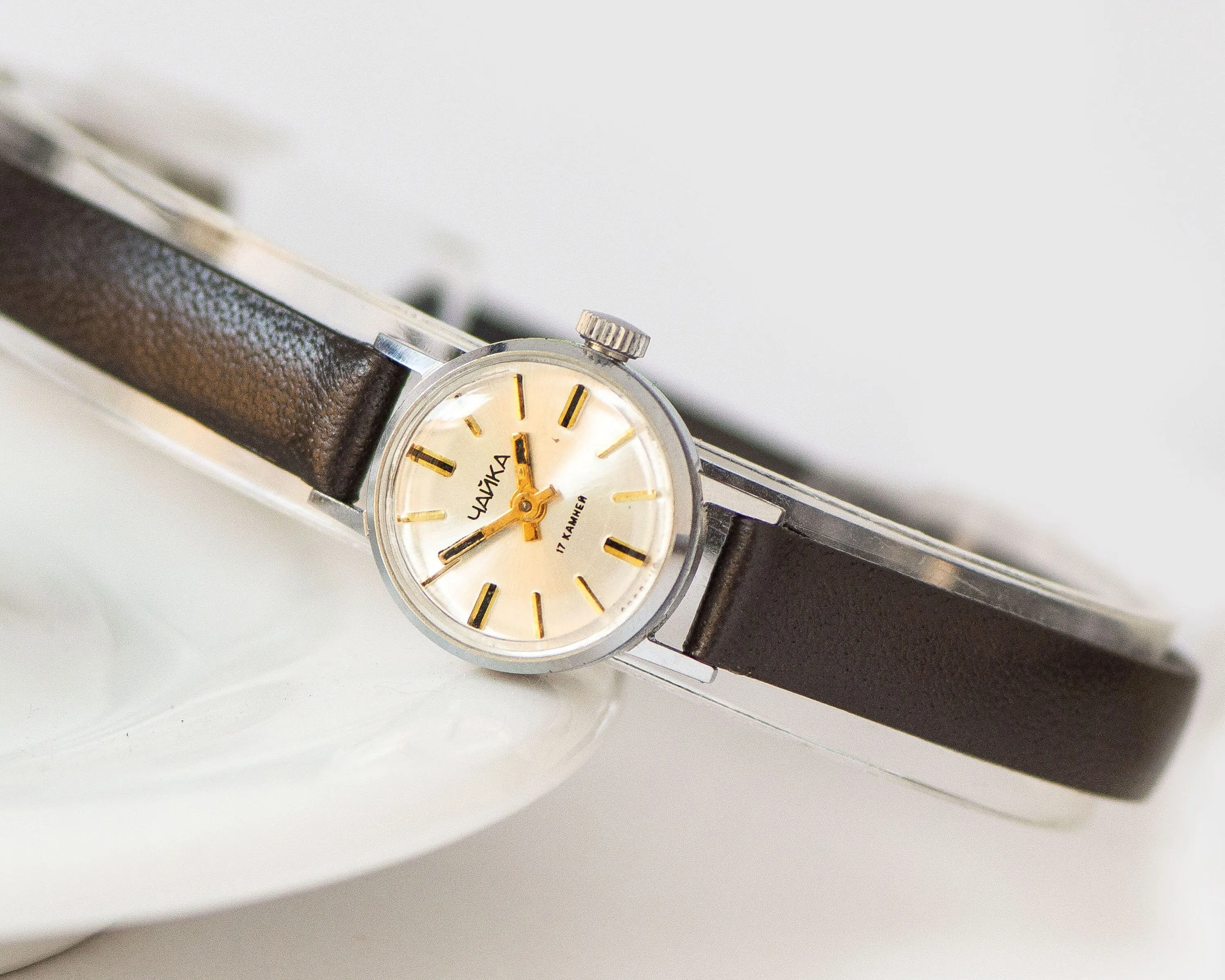 Classic women wristwatch silver shade Seagull vintage, micro lady watch delicate timepiece, petite jewelry her, new premium leather strap