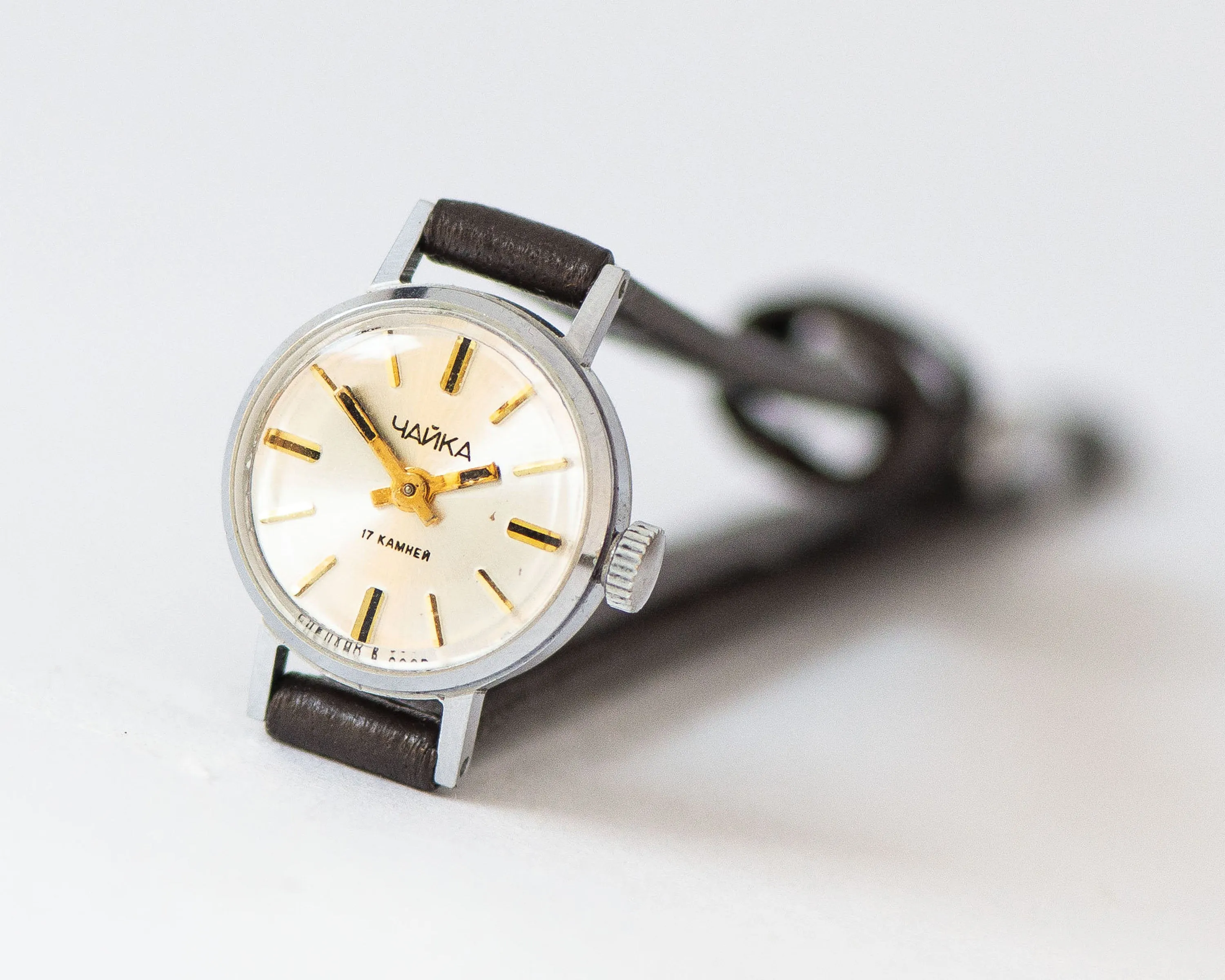 Classic women wristwatch silver shade Seagull vintage, micro lady watch delicate timepiece, petite jewelry her, new premium leather strap