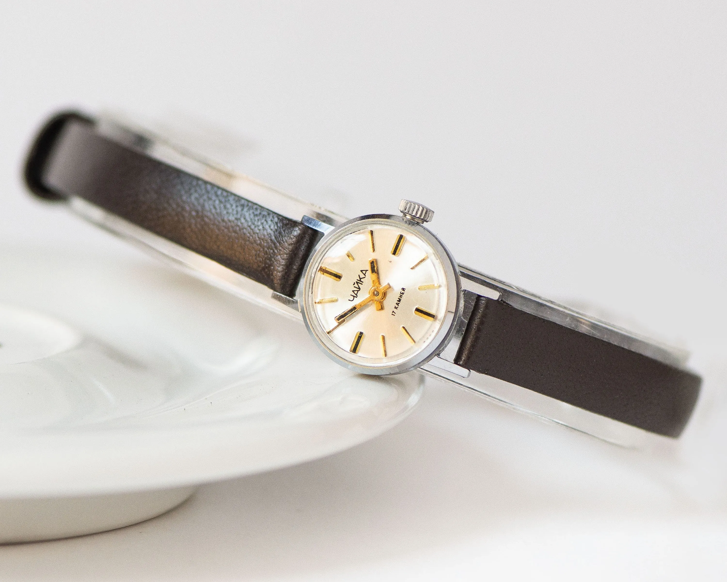 Classic women wristwatch silver shade Seagull vintage, micro lady watch delicate timepiece, petite jewelry her, new premium leather strap