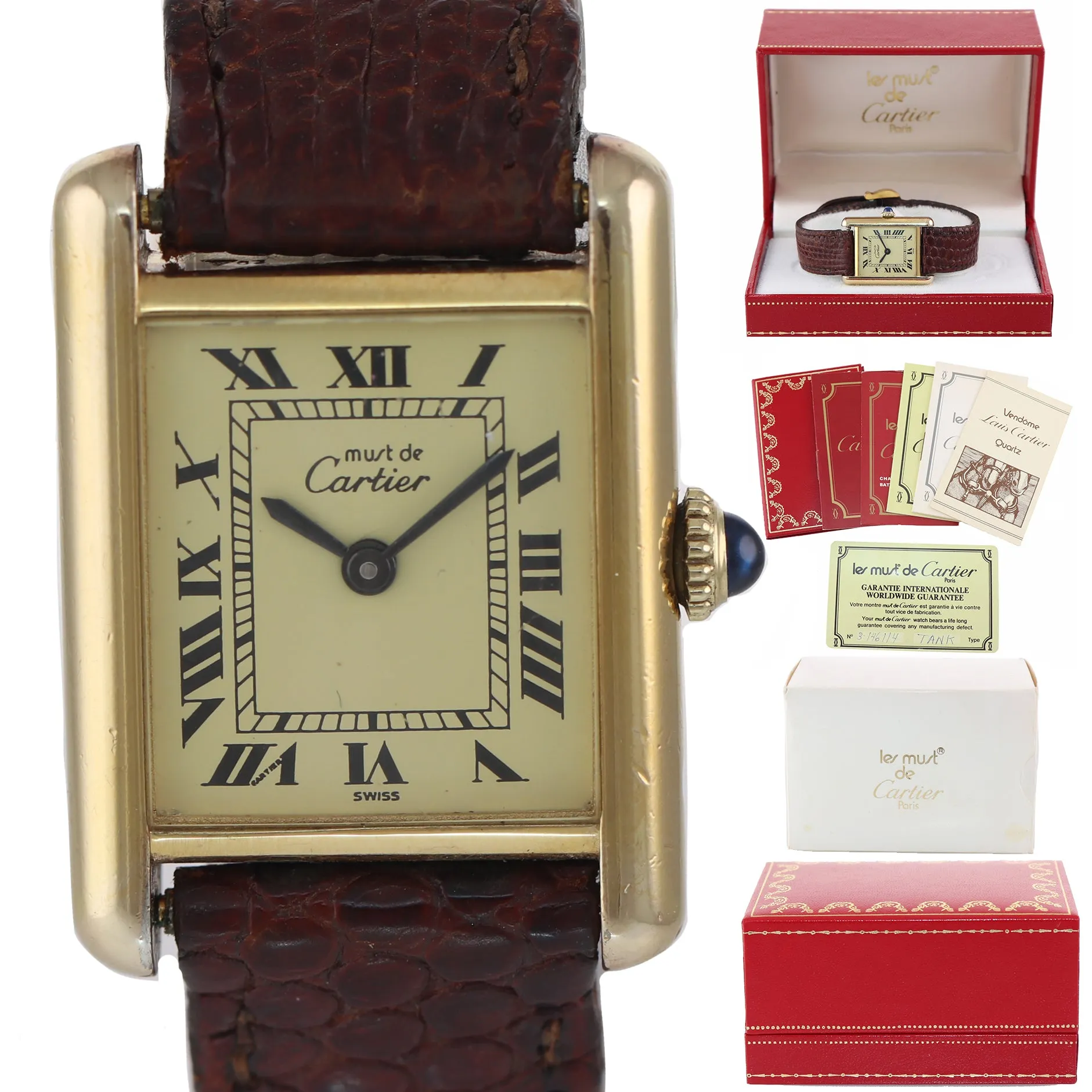 COMPLETE VTG Must de Cartier Tank Vermeil Gold Silver Roman 21mm Manual Watch