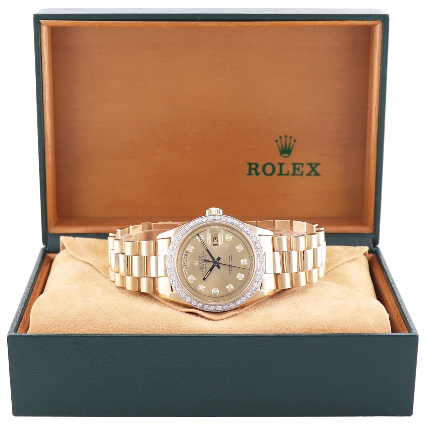 Copy of Rolex President Day Date Champagne 1803 Diamond Bezel Yellow Gold Watch Box