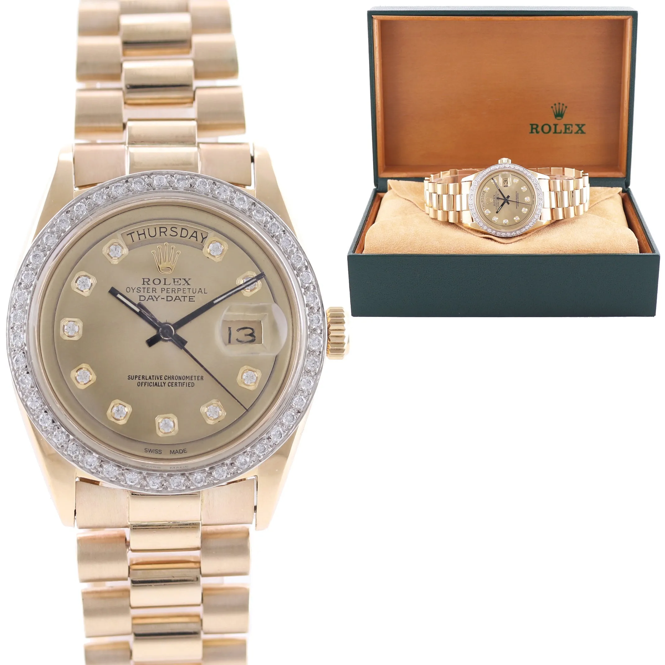 Copy of Rolex President Day Date Champagne 1803 Diamond Bezel Yellow Gold Watch Box