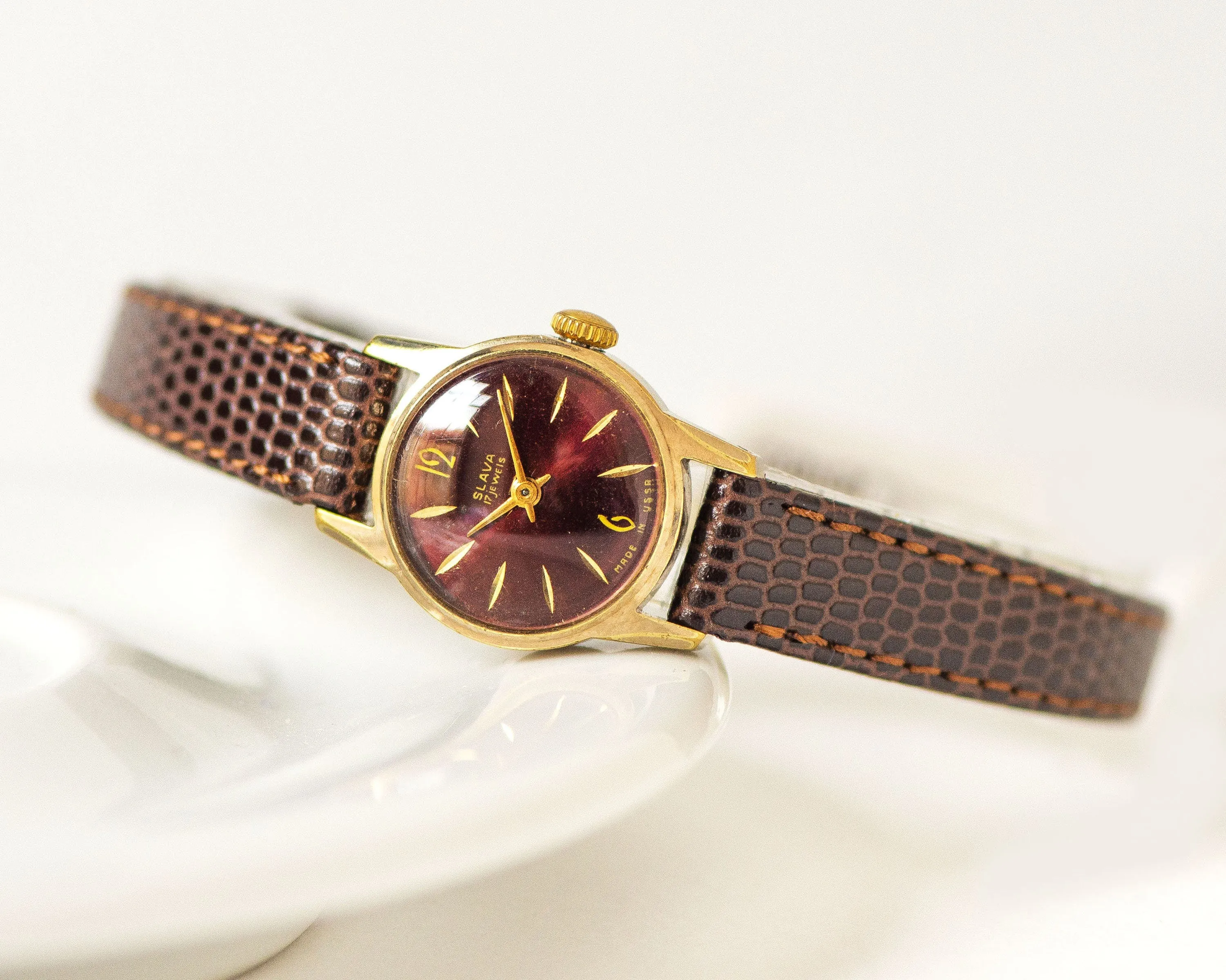 Dark burgundy women watch Glory, limited edition lady wristwatch gold plated, delicate lady watch classic gift, new premium leather strap