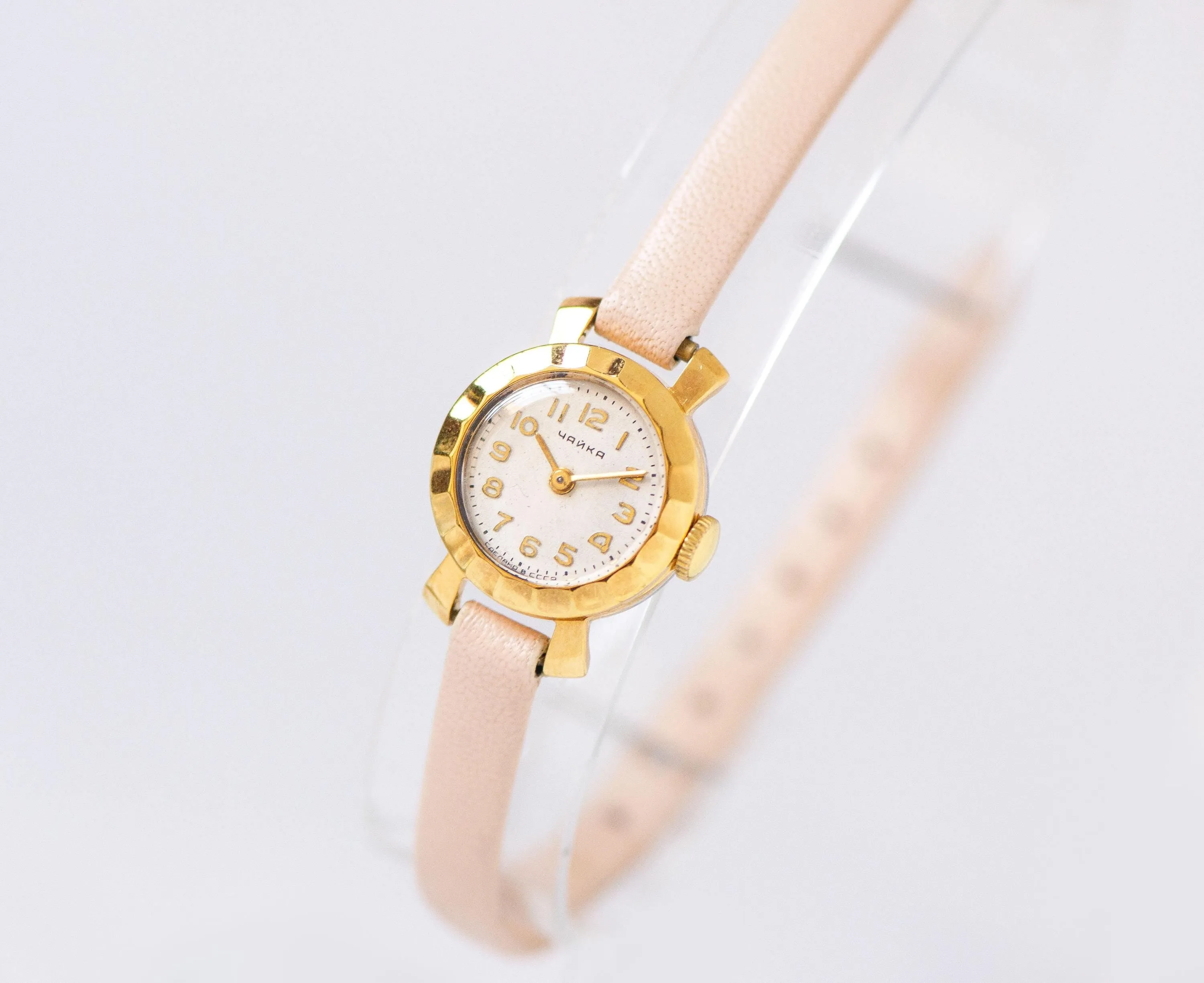 Delicate boho women's wristwatch gold plated floral case design, rare tiny watch Seagull classic beauty gift, new premium leather strap